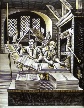 Stained glass window depicts a printer removing a page from a printing press while another inks text-blocks